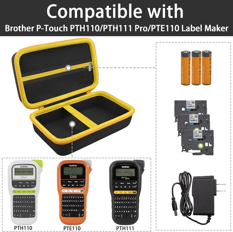 Baval Label Printer Case Compatible with Brother P-Touch PTH110BP/PTH110/PTH111 Pro Label Maker(Black Case,Yellow Zipper) - Image 3